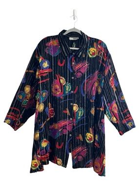 C.M. Shapes Women’s Vintage Abstract Art Button Front Blouse Top Retro L/XL